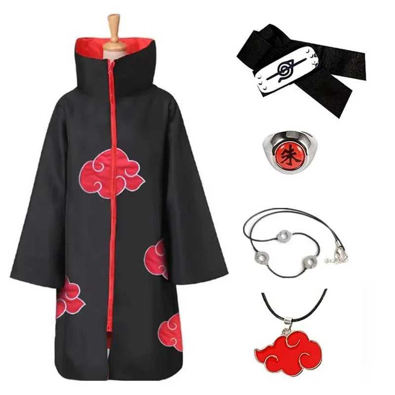 Anime Ninja Cosplay Costume Halloween Dawn Organization Robe Embroidered Red Cloud Cloak Unisex Black Robe Necklace Ring W250117