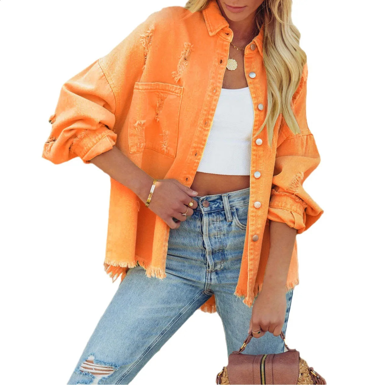 Womens Sweet Color Denim Jacket Fashion Spring Autumn Lapel Long Sleeves Coat Casual Singlebreasted Cardigan Outwear 250120wtt