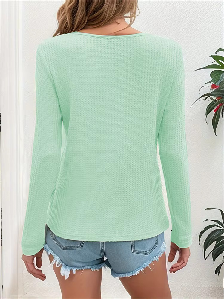 2025 Fashion Women's Autumn Shirt V-neck Button Long Sleeve T-shirt Fashion Waffle Casual Solid Color Women's Black And White Top Designer T