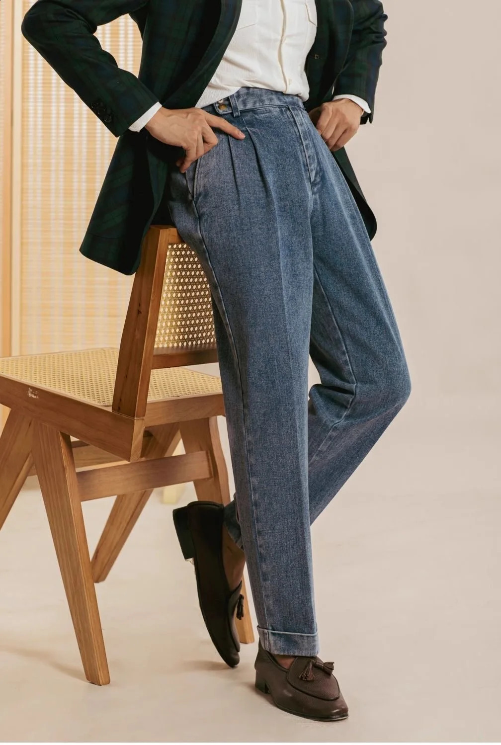 Double Pleat Jeans Men Naples Pants Wash Cotton Loose Straight Trousers Spring Autumn Fashion England High Waisted Denim Pant 250120