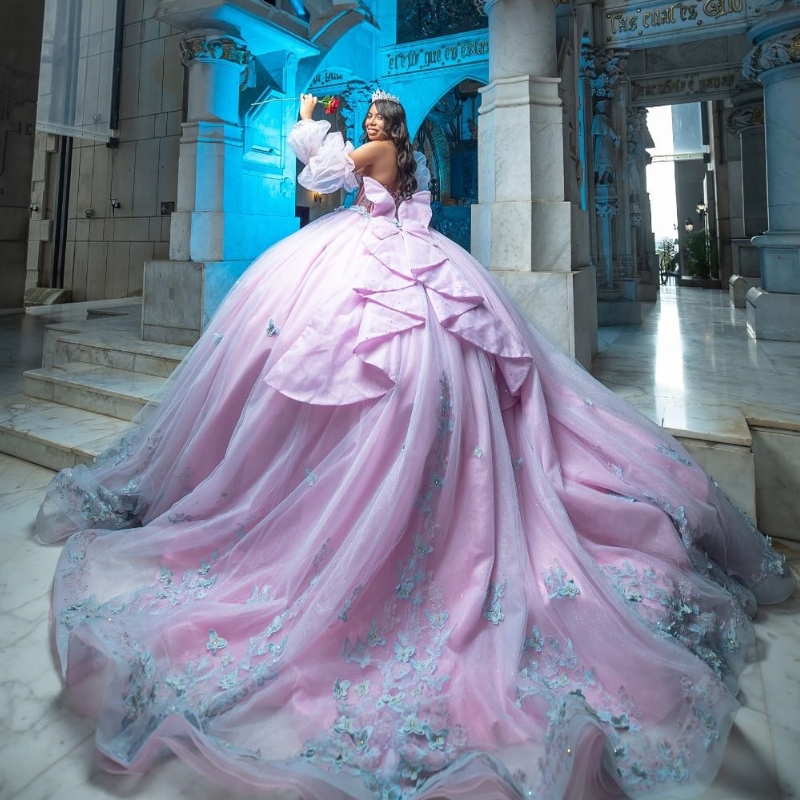 Pink Quinceanera Dresses Ball Gown Off Shoulder Appliques Bow Beading Crystal Tull Puff Sleeve Corset Birthday Party Sweet 16 Dress Vestidos 15 anos