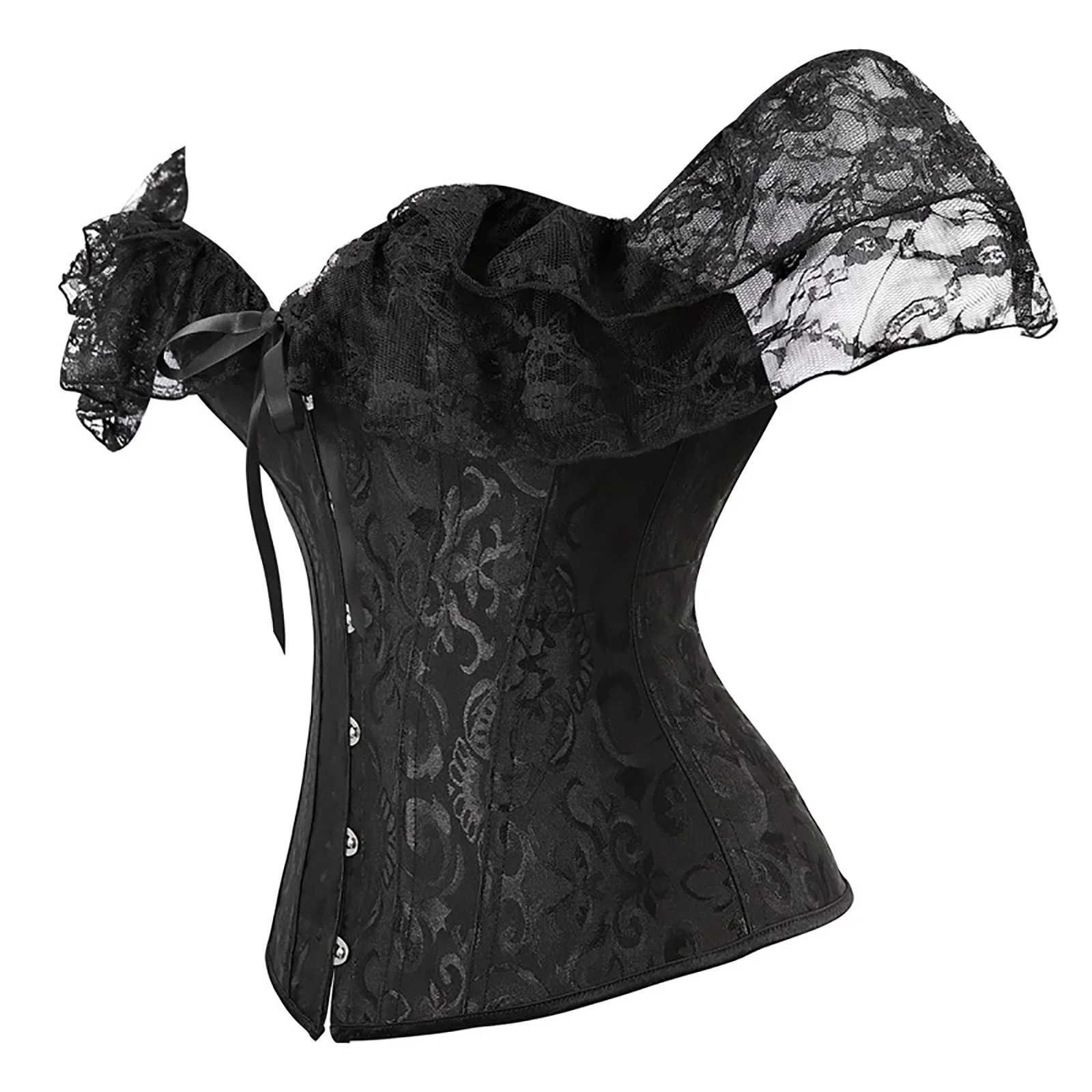 Combhasaki Womens Y2K Vintage Halloween Lace Patchwork Ruffled Short Sleeve Corset Bow Tied Button-down Shapewear Slim Fit Tops W250120