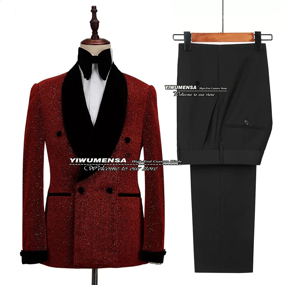 Glitter Red Sequins Mens Suits Groom Wedding Tuxedo Double Breasted Blazer Formal Business Prom Dress 2 Pieces Traje De Hombre 250120