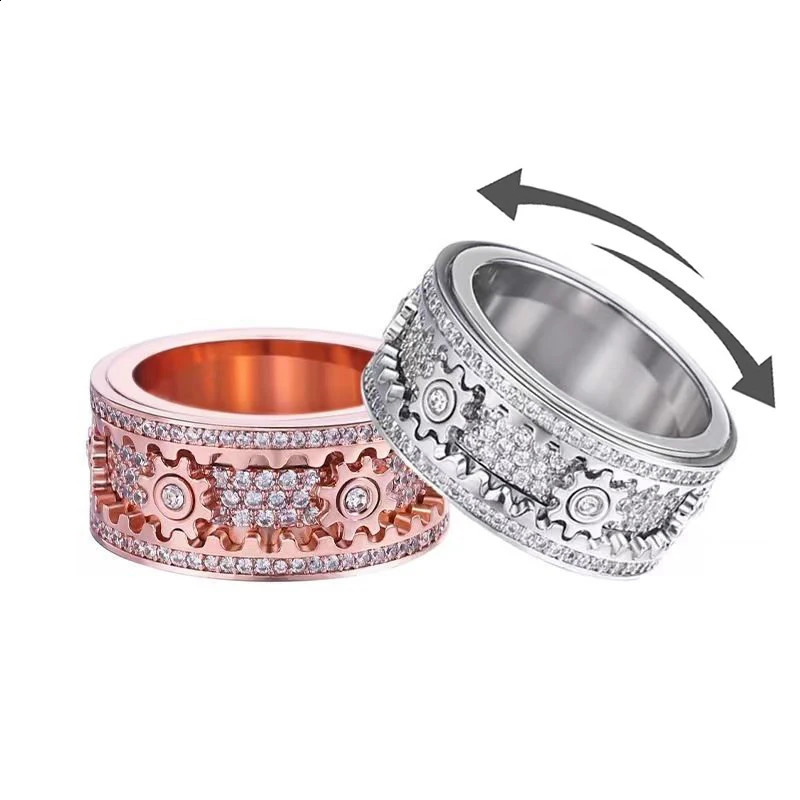 Stainless Steel Gear Wheel Style Ring CZ Zircon Rotating Relieve Stress Artifact Circle For Men Women Unisex-Adult Ring Jewelry 250117