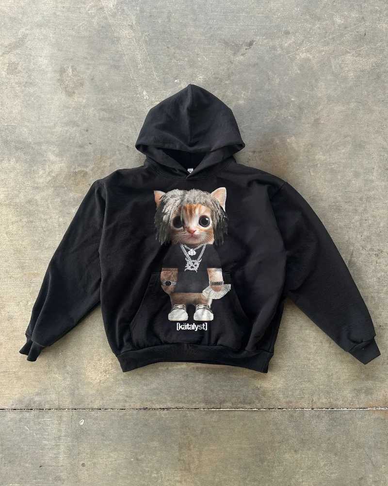 American Fashion Casual Mens Hoodie Y2K Harajuku Retro Cartoon Cat Print Street Gothic Trendy Loose Couple Sweater Womens W250117