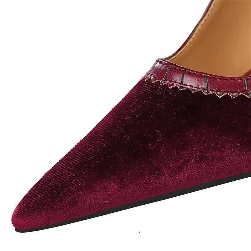 Women 10cm High Pointed Toe Shallow Fashion Wine Red Veet Pumps Stiletto Thin Heels Wedding Mary Jane Belt Strap Shoes