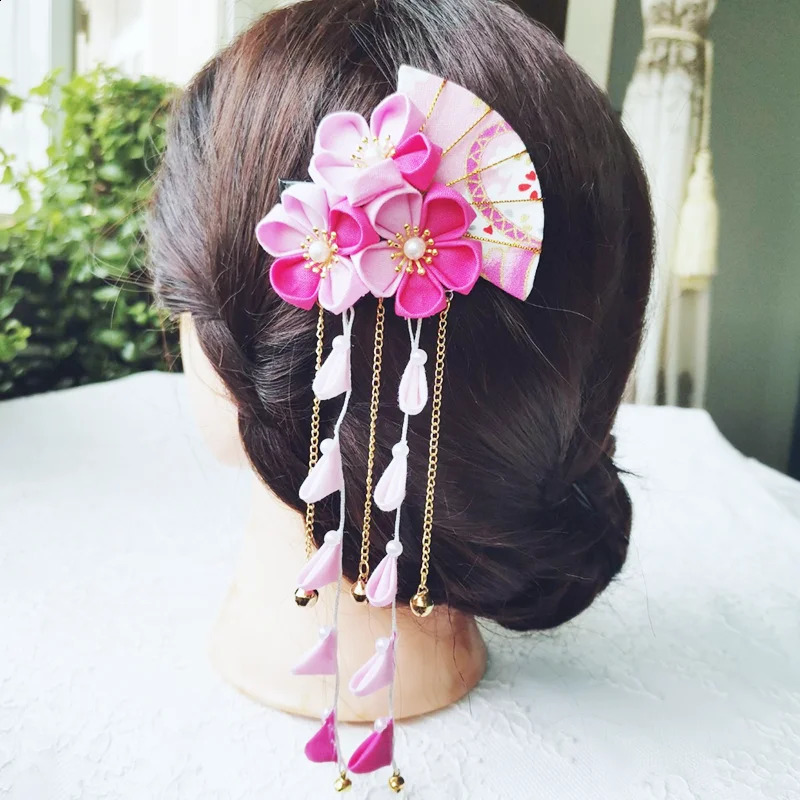Japanese Kimono Handmade Fabric Flower Folding Fan Hair Accessories Clip Tassel Headwea Headdress Barrette Yukata Festvial Deco 250120