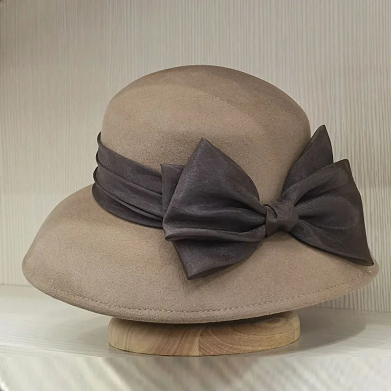 Women Cloche Wool Hat Winter Round for Fedora Bucket Vintage Bow Accent 250118