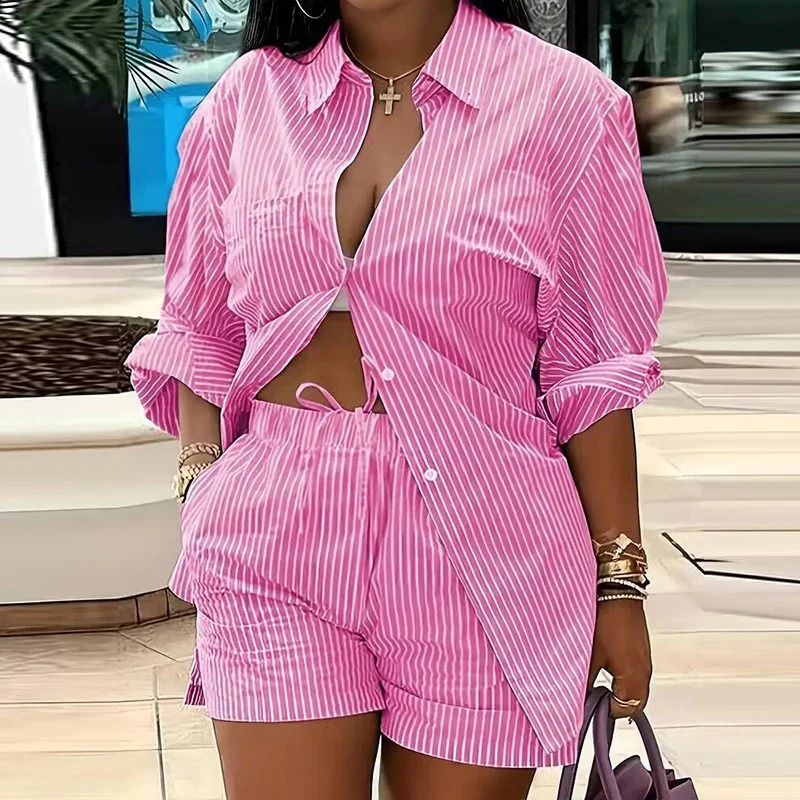 Sexy Turn-down Collar Button Blouse Shorts Women Outfit Spring Striped Print Two-piece Suit Retro Long Sleeve Office Sets 250113
