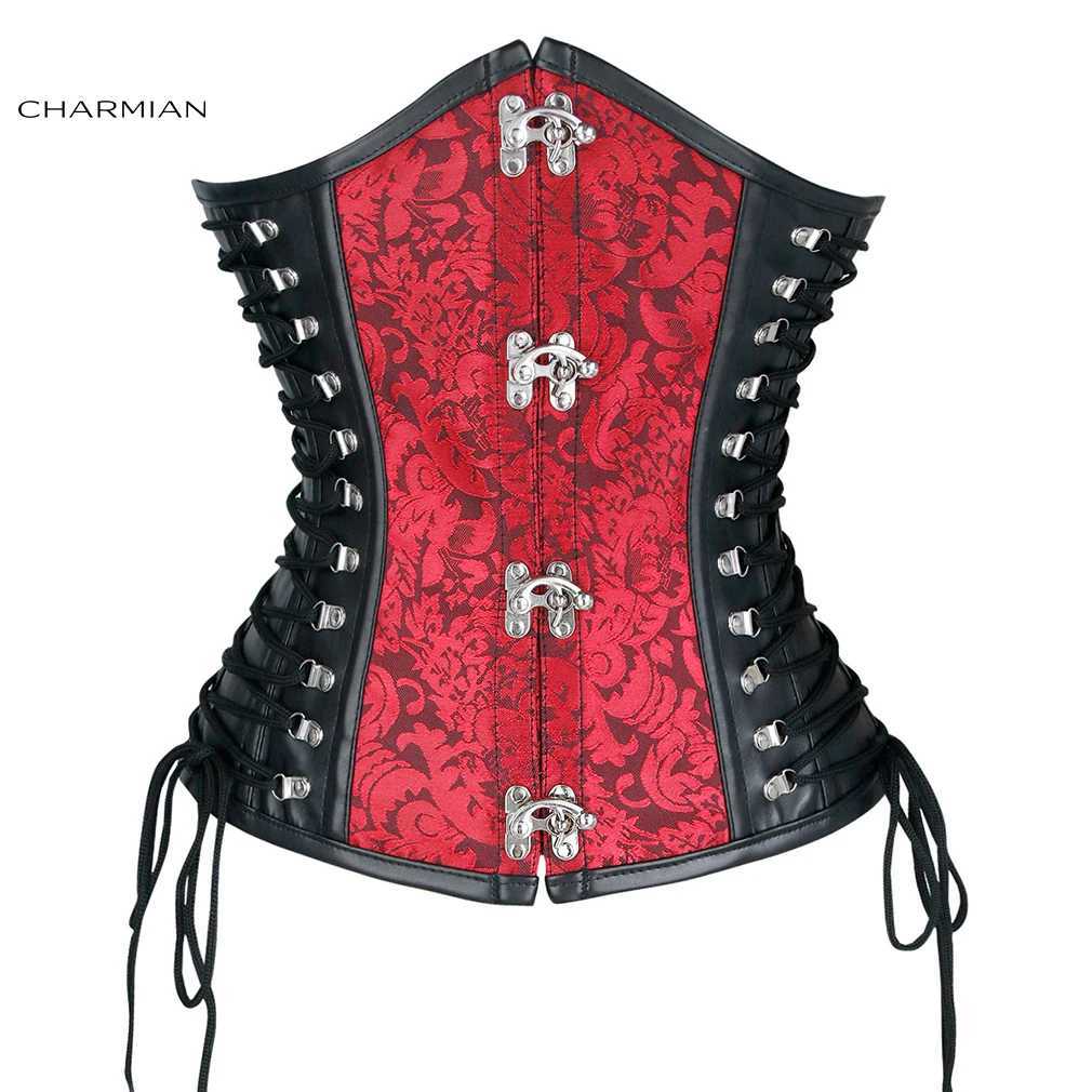 Charmian Steampunk Leather Corset Womens Vintage Plus Size Spiral Steel Boned PVC Corset Underbust Waist Trainer Goth Bustiers W250120