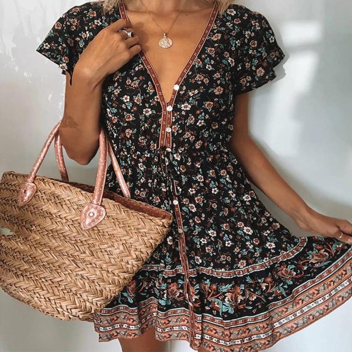 2025 Women's Autumn New Designer Bohemian Floral Dress V-neck Short Sleeve Single Breasted Beach Skirt