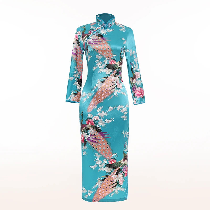 size 6XL Floral Peacock Chinese Lady Cheongsam Qipao Print Flower Sexy Long Dress Bride Wedding Evening Party Gown Dresses 250122