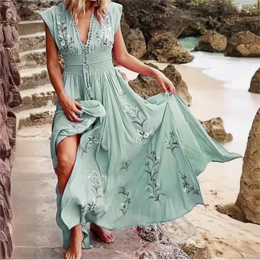 2025 Women's Summer New Designer V-neck French Beach Skirt Flower Bohemian Sexy Long Dress