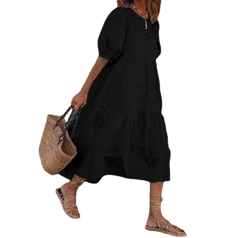 2025 New Women's Designer Casual Sexy Short Sleeved Solid Color Printed Loose Rolled Edge Dress With Bubble Sleeves Beach Skirt