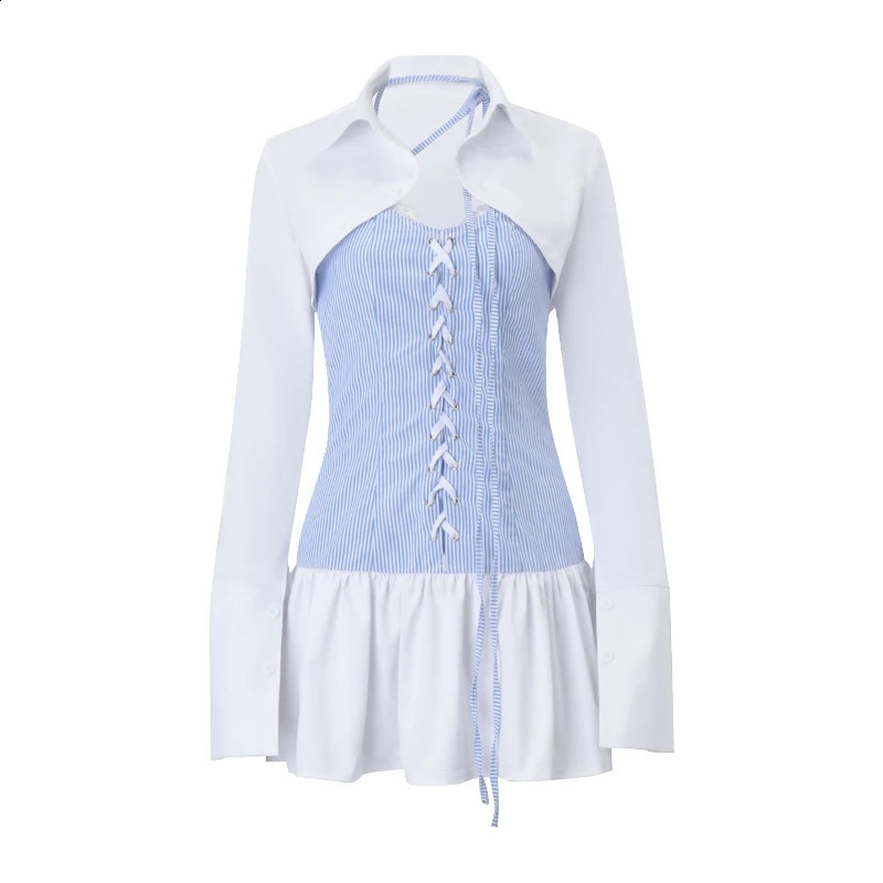 WhereMery Casual Sweet Stripe Set 2024 Autumn Patchwork Long Sleeveless Top Ruffles Mini Dresses High Street Sexy Set 250113