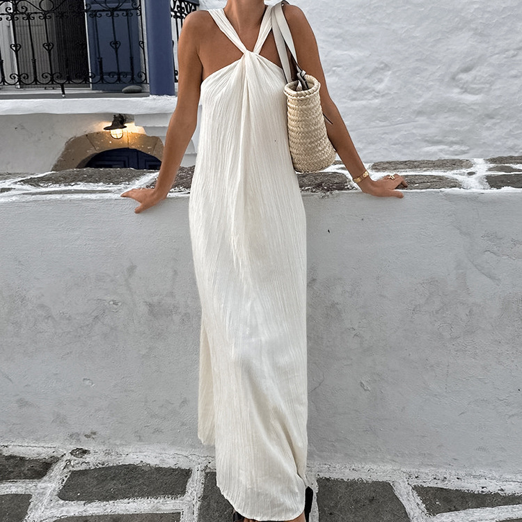 Beige Sleeveless Hanging Collar Beach Casual Dress Designer For Summer 2025 Fashion New Beach Dress Women's Long Skirt