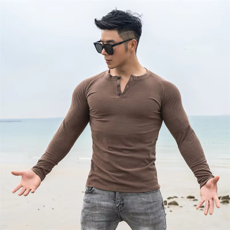 New Outdoor Fashion Designer T-shirt Top Simple And Casual Slim Fit Button Down Elastic Long Sleeved T-shirt For Men