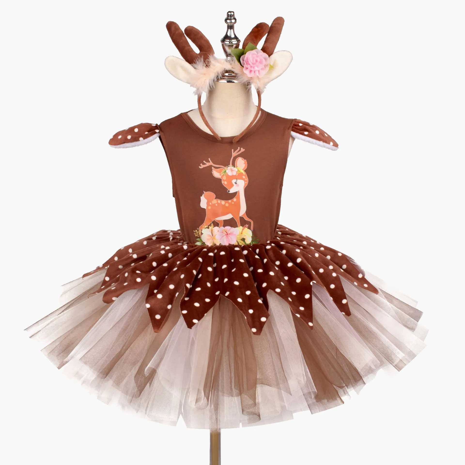 Deer Costume For Girls Christmas Party Tutu Dress Gifts Elk Reindeer Cosplay Xmas Clothes Outfits Kids Halloween Purim Clothes W250117