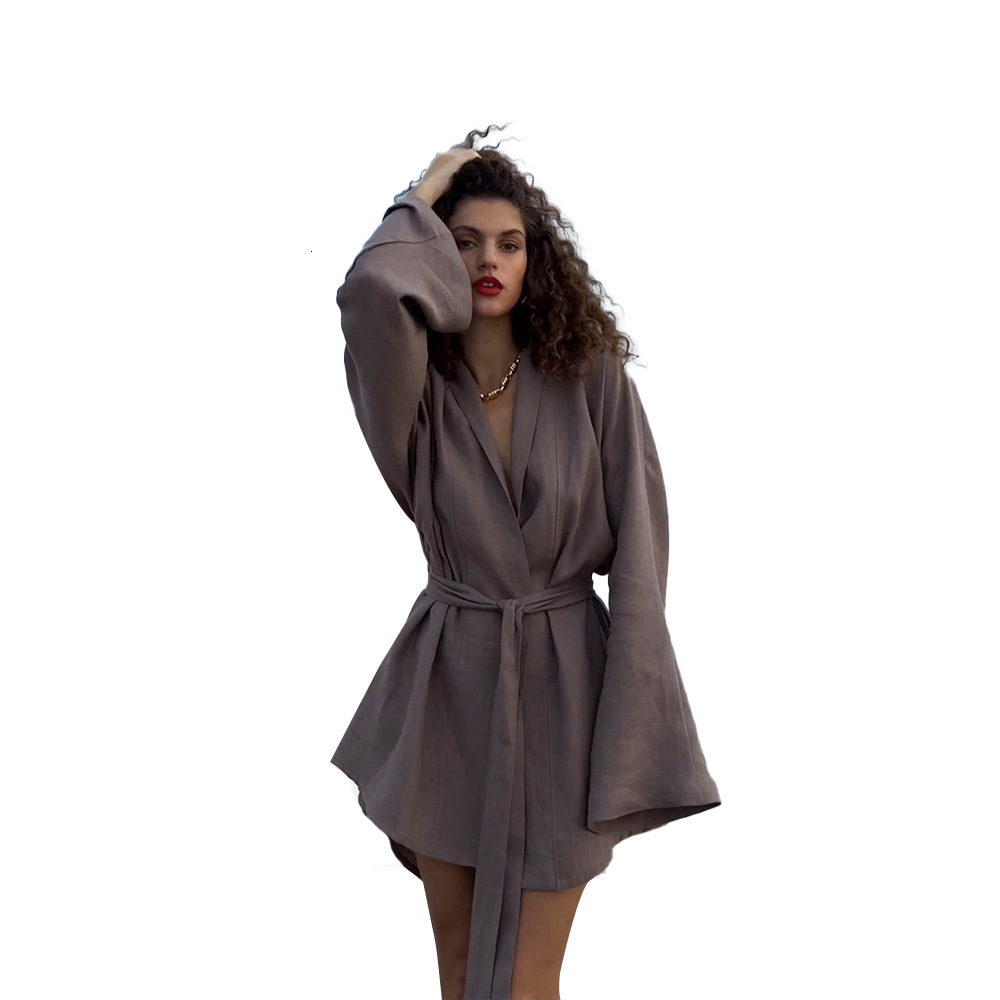 Cotton Linen Robe Women's 2025 Spring Summer New Designer Style Lace Up Dress Casual And Comfortable Beach Dress