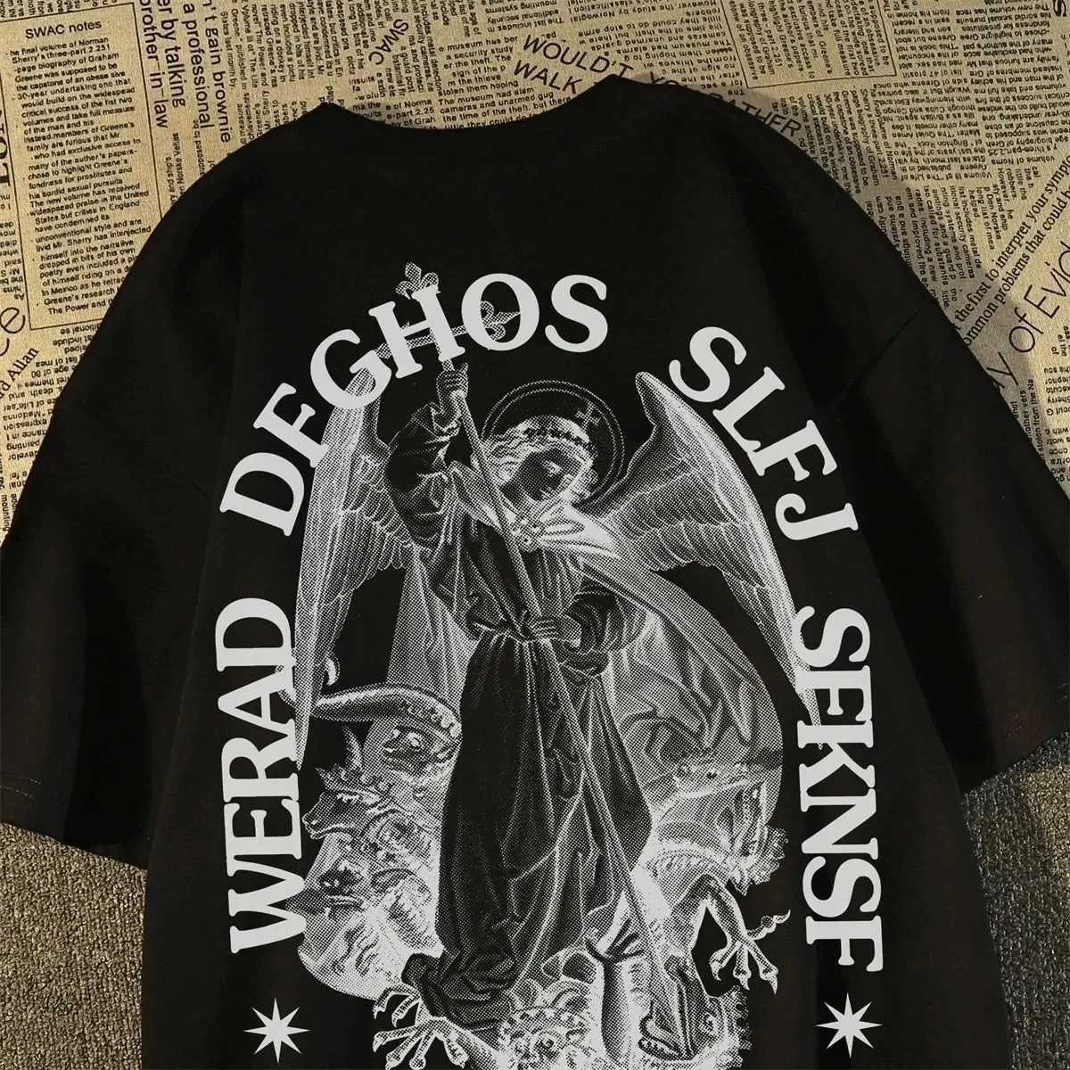Summer Fashion Retro Gothic Printed Mens T-shirt Top Fashion Cotton Loose Harajuku Couple Hip Hop Y2K Street Short Sleeve W250117