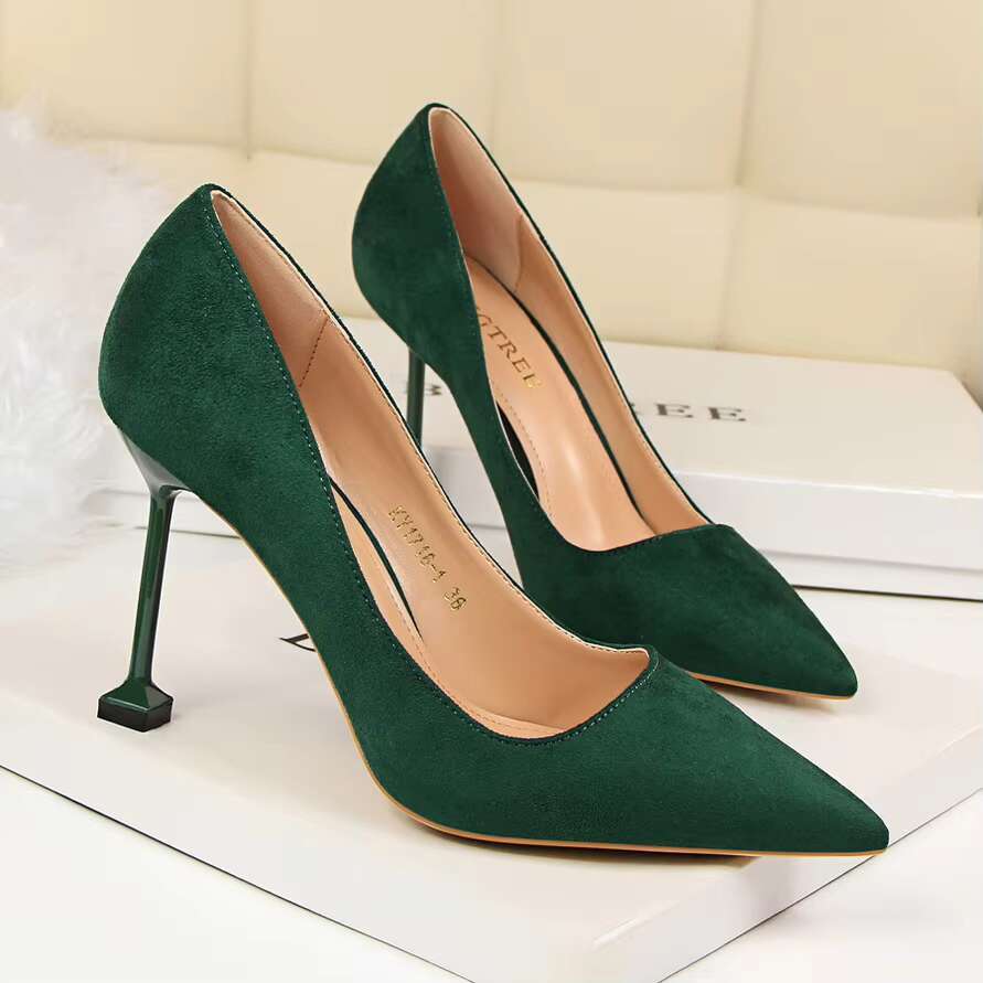 Women 9.5cm High Korean Pumps Lady Wedding Bridal Suede Purple Green Red Stiletto Heels Nightclub Office Party Shoes