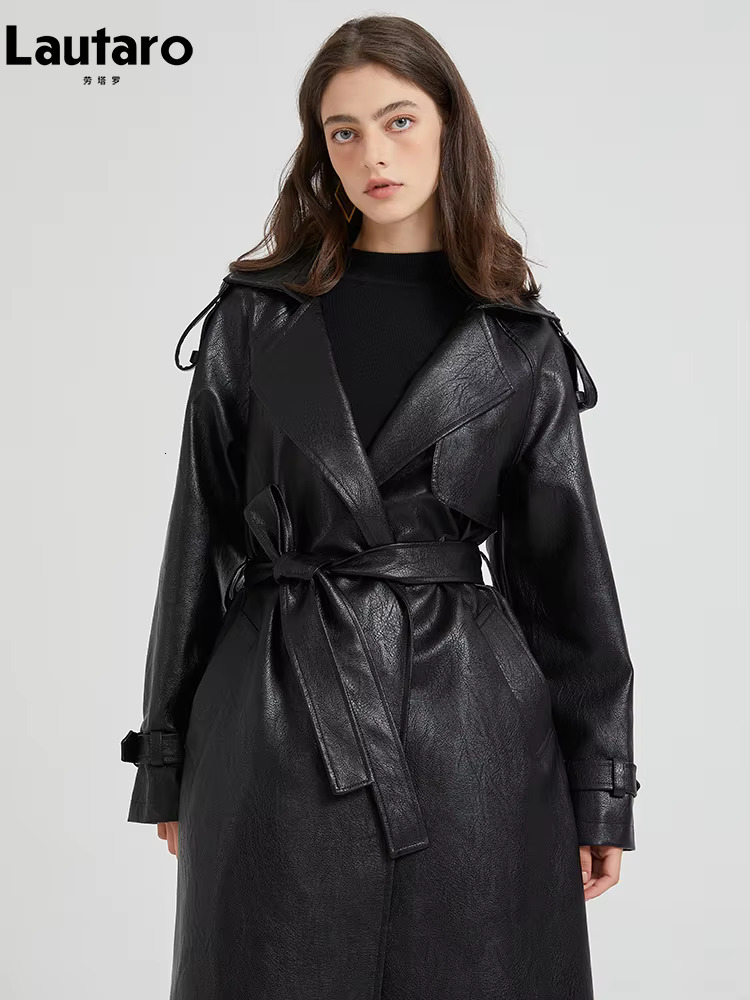 Lautaro Spring Autumn Extra Long Brown Pu Leather Trench Coat For Women Sashes Chic Overcoat Runway European Fashion 2024