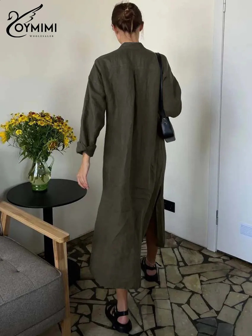 Oymimi Fashion White Cotton Womens Dresses Elegant Long Sleeve Single Breasted Dresses Casual Pockets Side Slit Mid-Calf Dress 250122