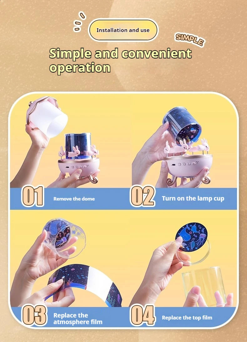 12 Films Cute Rabbit Rolling Huts Projection Night Light USB Rechargeable Starry Sky Projector Lamp with Bluetooth Music Player 250120z