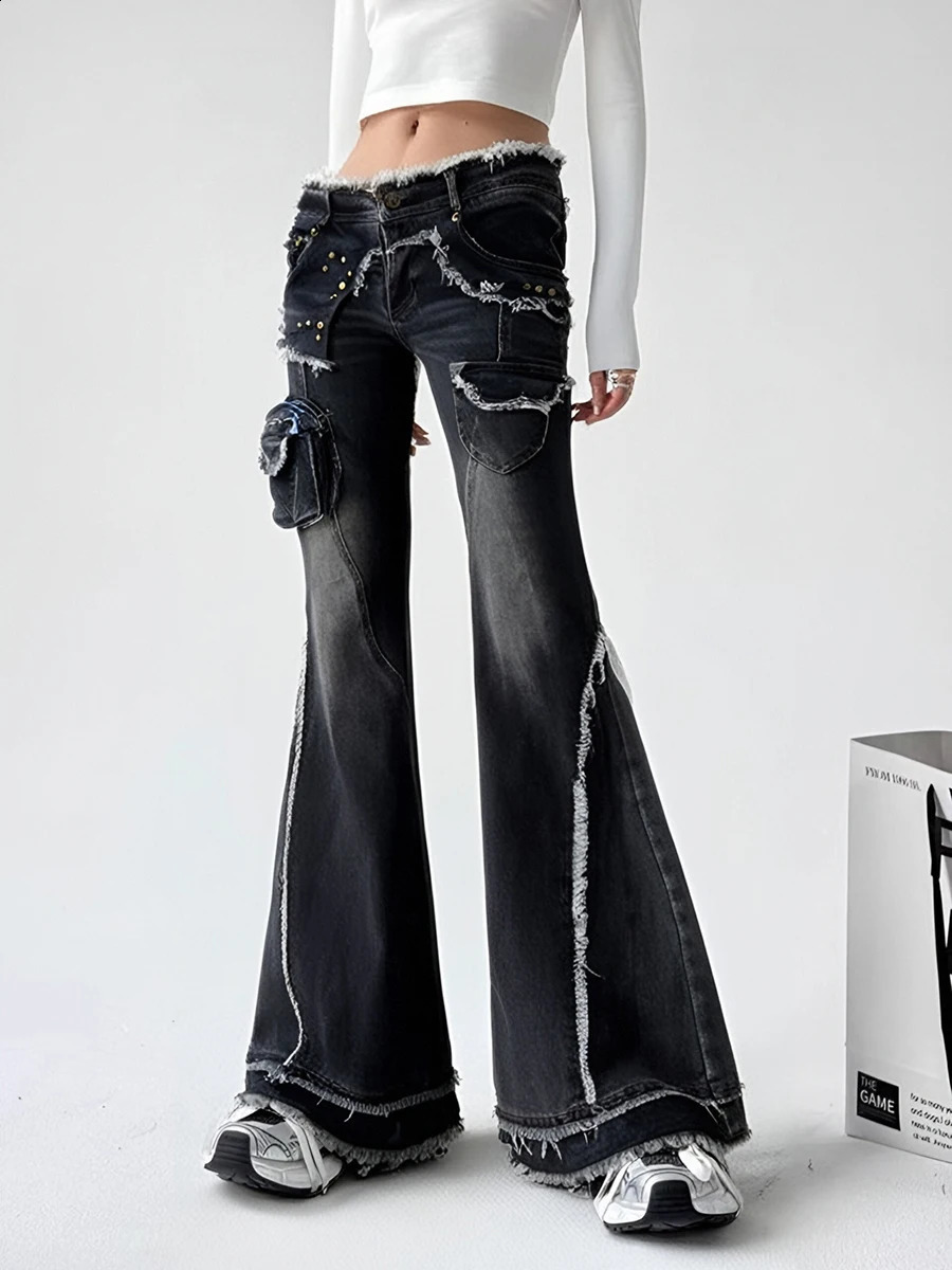 Womens Black Gothic Jeans Y2K Cargo Baggy Flash Japanese Harajuku Streetwear Aesthetic Vintage 90s Jeans Trouser Clothing 2025 250109