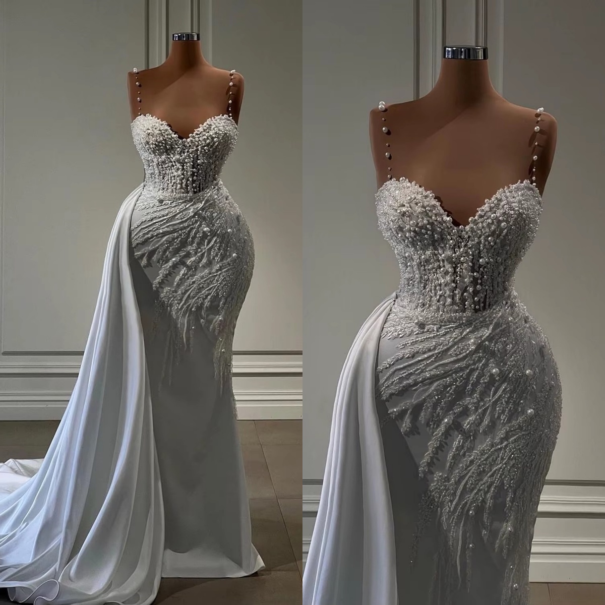 Elegant Mermaid Wedding Dresses For Women Sweetheart Neck Sleeveless Gown Pearls Sequins Detachable Train Customized Dress