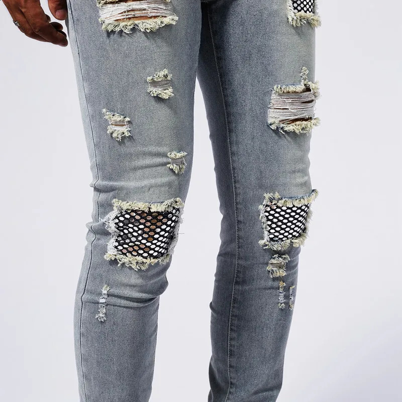 Patch sequin rhinestone jeans for men with torn holes elastic summer fashion casual fit small foot muscle tight pants 250120