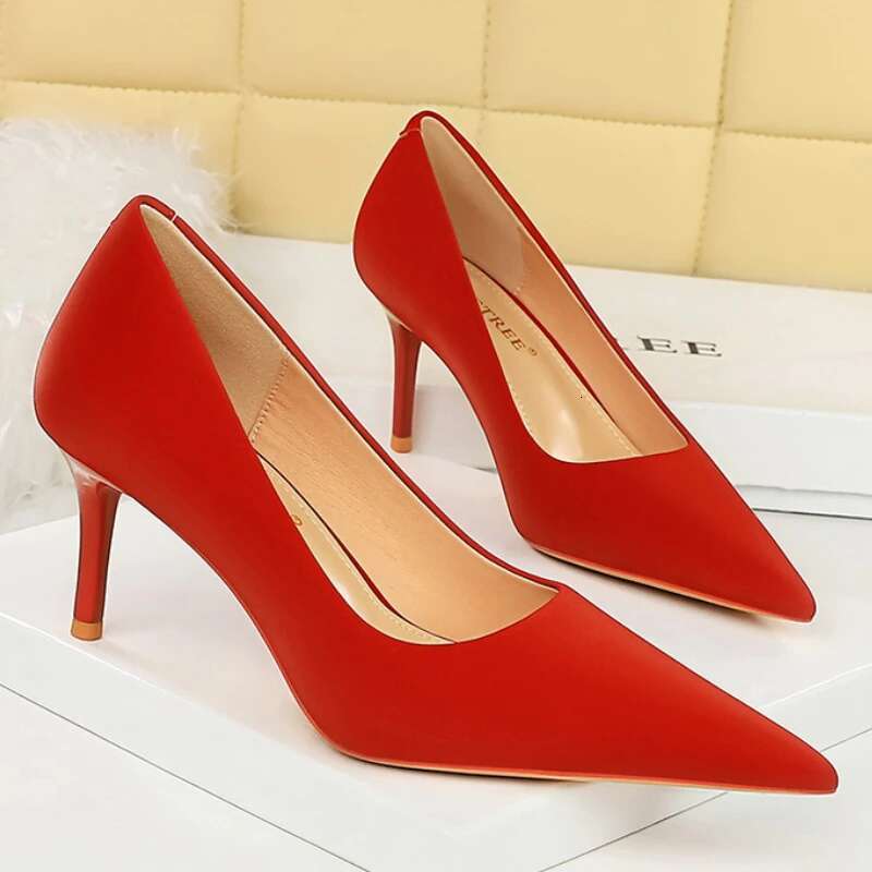 Women 7cm High Heels Versatile Solid Color 2024 Silk Satin Party Pumps Lady Fashion Classic Valentine Pointed Toe Colorful Shoes