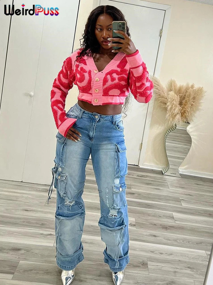 Weird Puss Y2K V-Neck Button Cardigan Sweater Women Autumn Stylish Casual Long Sleeve Warm Wild Streetwear Knit Classic Jumper 250122