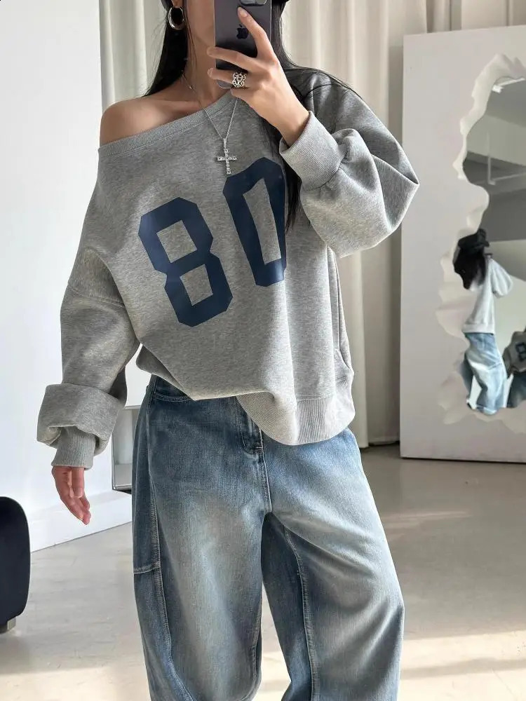Tawaaiw American Retro Y2k Graphic Hoodie Long Sleeve Off Shoulder Korean Fashion Loose Harajuku Womens Sweatshirts Autumn Tops 250110