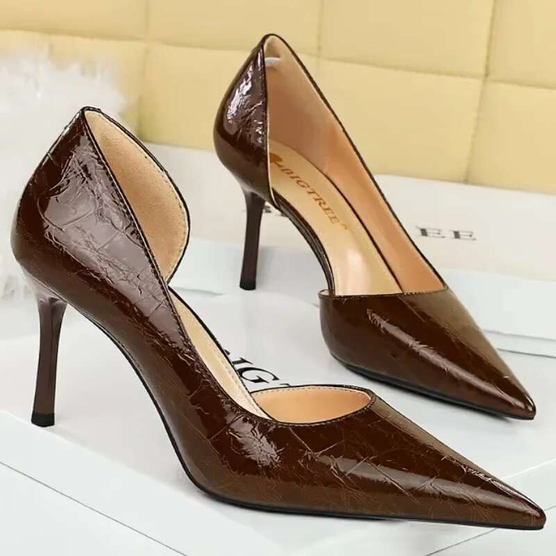 Women Vintage 8cm High Heels Patent Leather New Party Pumps Fashion Classic Pointed Toe Side Hollow Brown Evening Banquet Shoes