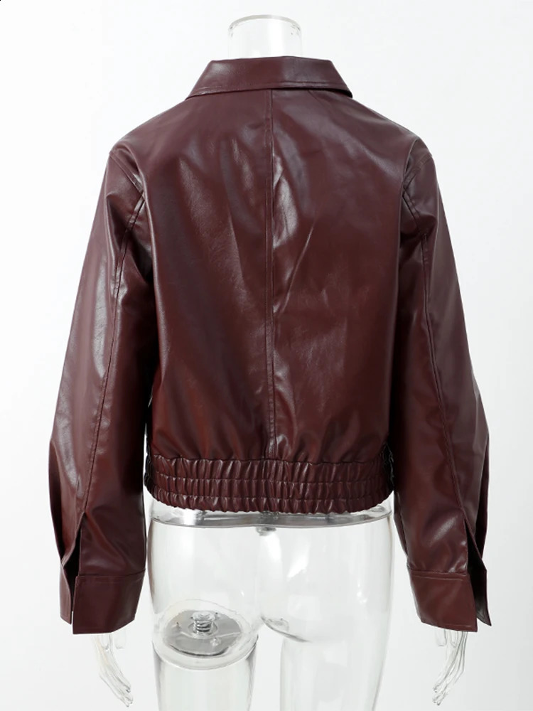Women Fashion Solid Pu Leather Zipper Coat Retro Turn Down Collar Long Sleeve Outwear 2024 Autumn Female Chic Motorcycle Jackets 250107