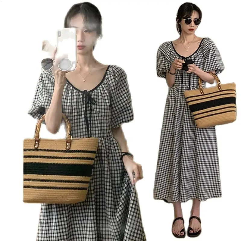 Plus Size Maternity Plaid Dress for Summer Puff Sleeve Oneck Long Loose Pregnant Womens Preppy Style Casual Lady Clothes 250114