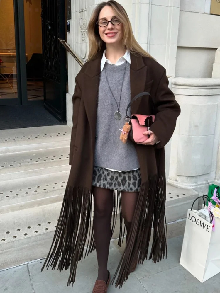 Fashion Tassel Hem Womens Coat Autumn Winter Turndown Collar Long Sleeve Female Overcoat 2024 Brown High Street Lady Outwear 250110