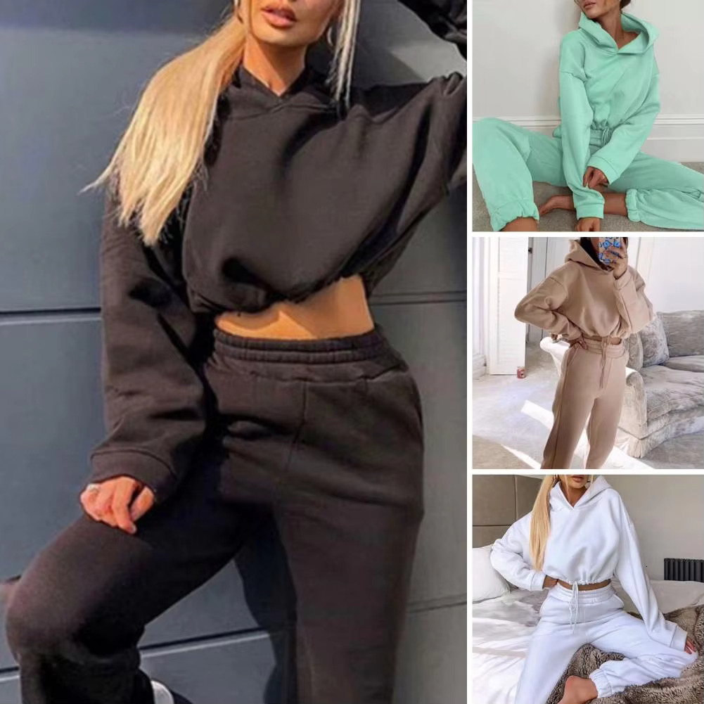 2Pcs/Set Women Tracksuit Sports 2 Pieces Hooded Long Sleeve Cropped Sweatshirt Jogger Pants Set Sweatpants Outfit