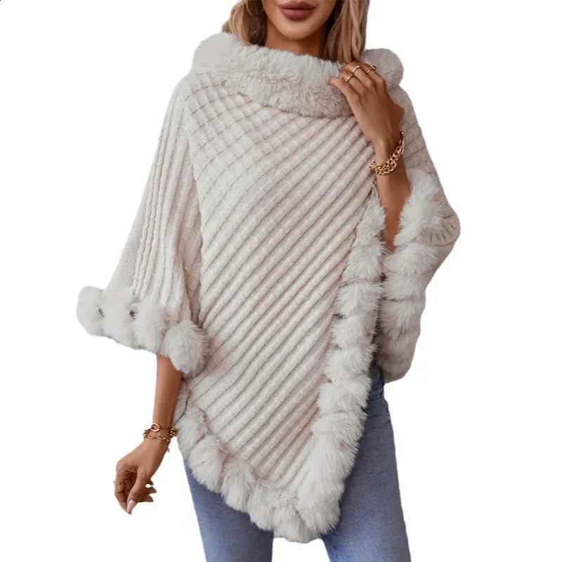 Knitted Cloak Sweater Women Shawl Outwear Warm Hairball Knit Casual Loose Plaid Poncho Cape Coat Spliced Solid Elegant 250121