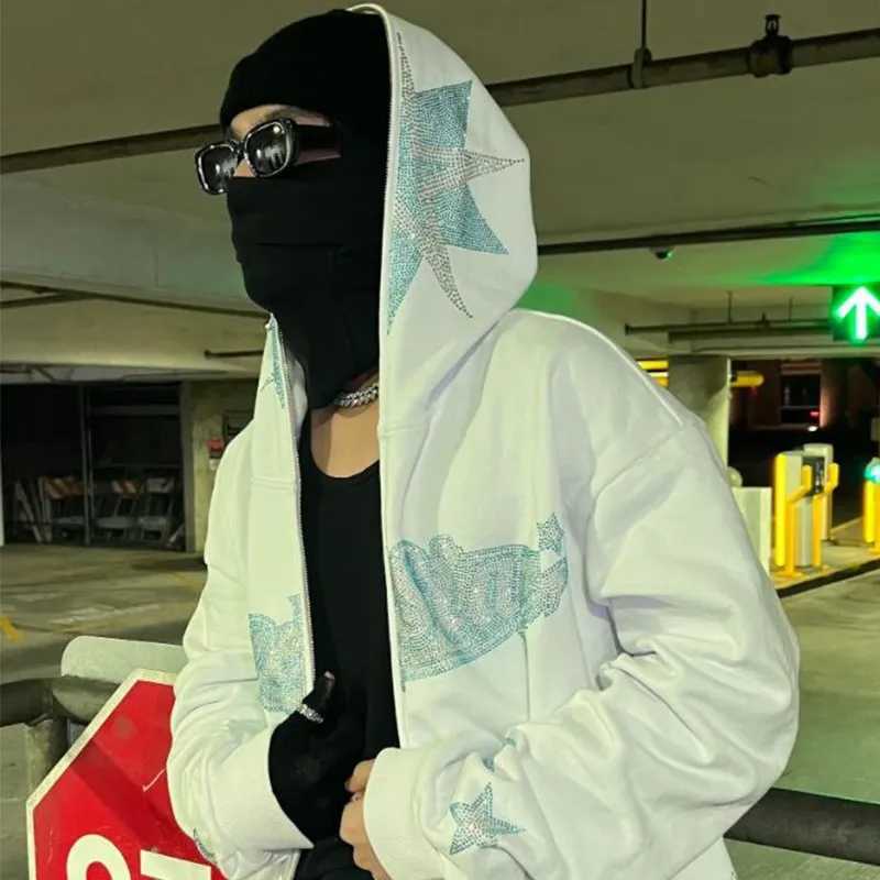 Mens Sweatshirt Full zip Hoodie Hip Hop Rhinestone Star Alphabet Hooded Jacket Oversize Hoodie Womens Coat Y2K Clothes Unisex W250117