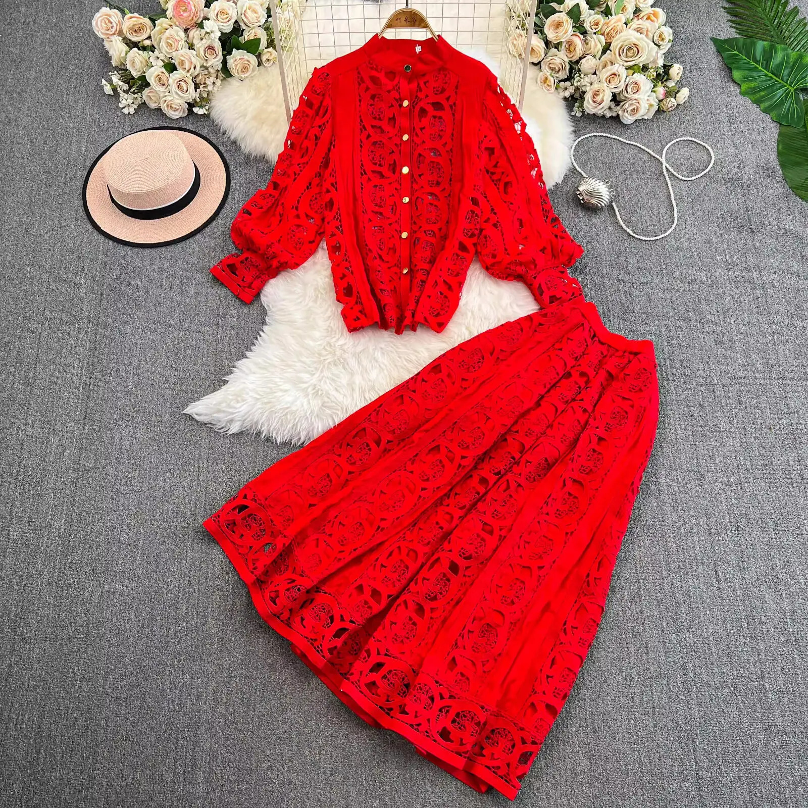 Autumn crochet white lace embroidery 3-piece set womens dress set hollow loose top elastic waist long skirt 250110