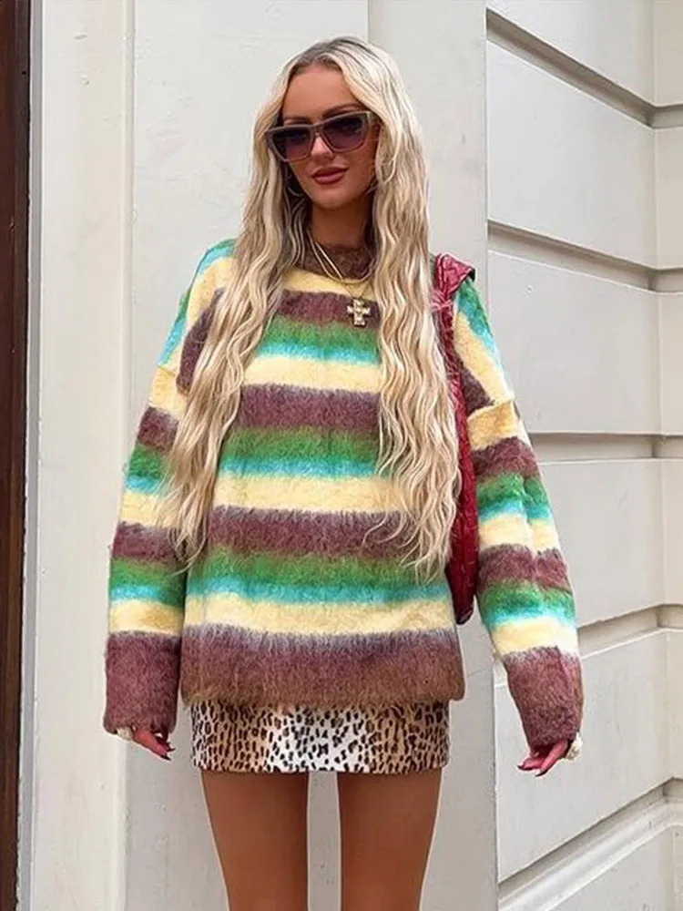 Mohair Striped Elegant Sweater Women Oversize Long Sleeve Contrast Color O-neck Pullover Female Jumper 2024 Autumn Colorful Tops 250121