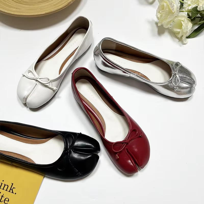 Split Toe Shoes Tabis Ballet Flats Women Black Leather Mary Janes Plus Size 44 Butterfly Knot Ballerinas Atos Mujer 250221