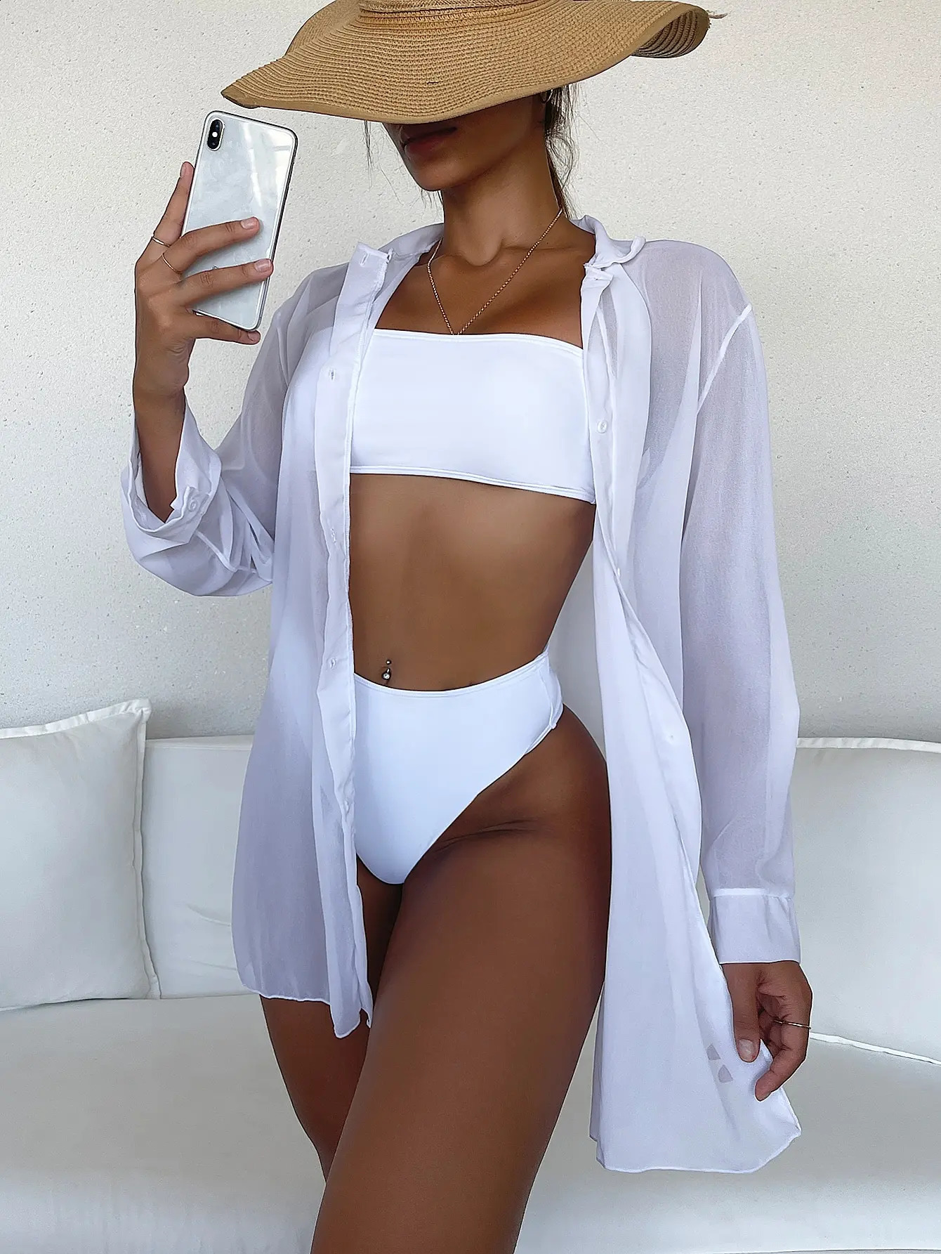 Plain Open Front Kimono Beach Cover Up Women Long Sleeve Tunic Dress 2024 Swimsuit Swimwear Bathing Suit 250122