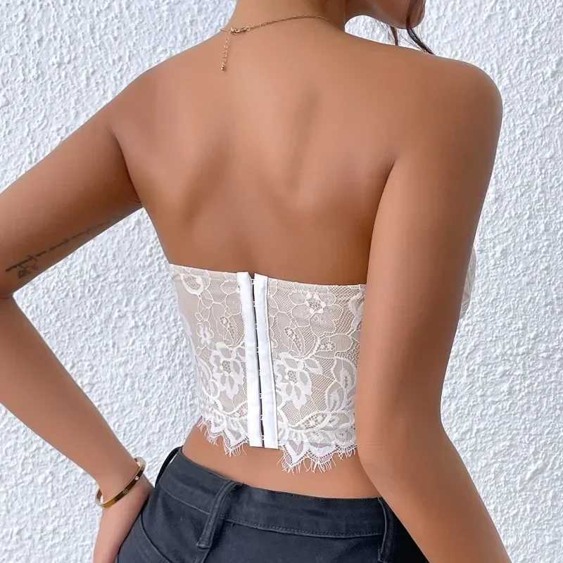 CHUANGERM Sexy Lace Sleeveless Bare Shoulder Crop Top Corset Embroidery Floral Tube Top Strapless Fishbone Backless Camisole W250120