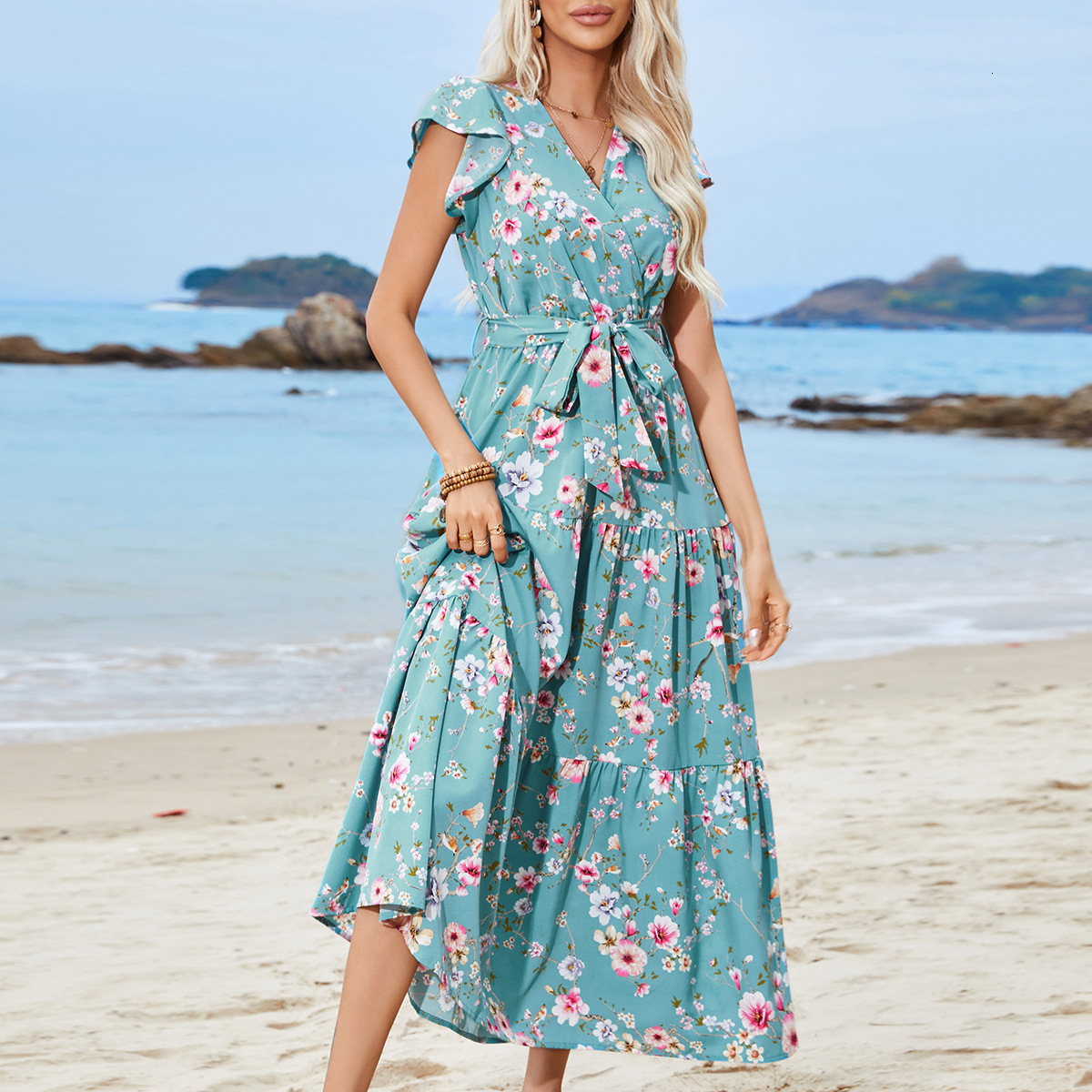 2025 New Women's Beach Skirt Printed Belt V-neck Designer Dress Bohemian Vacation Beach Skirt