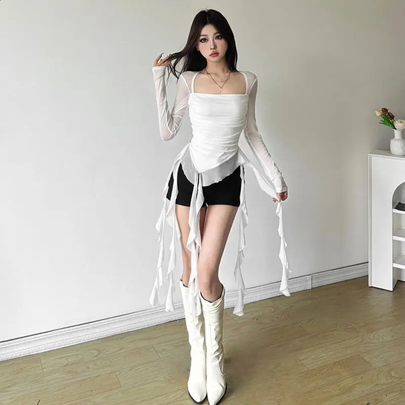 Spicy Fairy StyleLotus Leaf Edge Square Neck Thin Long Sleeve White T-shirt Women Tops Mesh Sexy Irregular Slimming y2k Top 250122