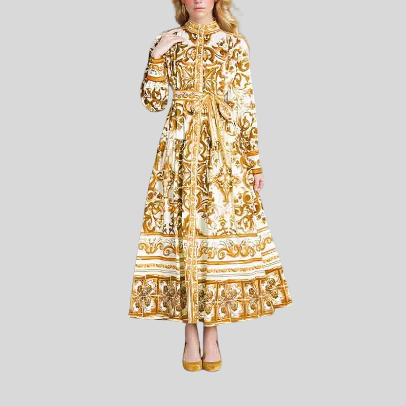 New best-selling European and American women's clothing lantern sleeves printed lapel collar waist long sleeves big pendulum dress women