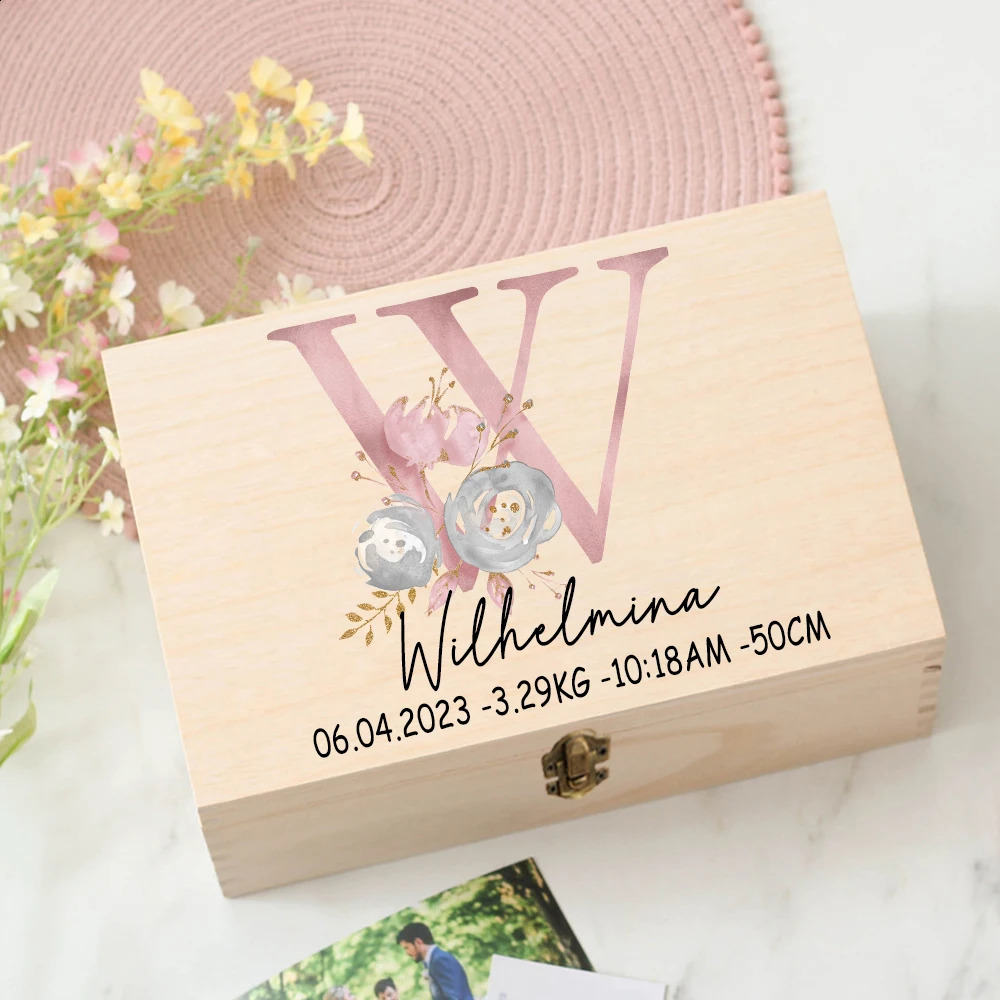 Personalized Baby Gift Keepsake Box Custom Memory Box Flower Letter Print Wooden Box born Shower Gift Baby Birth Stats Box 250120